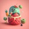 AI-generated vibrant illustration of smoothie with funny fruit characters