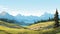AI generated. View of an alpine landscape. Simple vector illustration, with meadows and alpine mountains in the background.