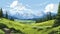 AI generated. View of an alpine landscape. Simple vector illustration, with meadows and alpine mountains in the background.