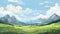 AI generated. View of an alpine landscape. Simple vector illustration, with meadows and alpine mountains in the background.