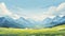 AI generated. View of an alpine landscape. Simple vector illustration, with meadows and alpine mountains in the background.