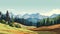 AI generated. View of an alpine landscape. Simple vector illustration, with meadows and alpine mountains in the background.