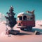 AI generated Vintage car with Christmas tree in the desert