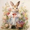Ai generated watercolor illustration of Easter rabbit, bunny sitting in a meadow with a basket of colored eggs