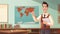 AI generated, World teacher’s day theme. Male teacher standing in front of a blackboard in the classroom, holding a book.