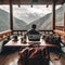 AI generated young man sitting and looking at mountains behind laptop and bags on wooden table