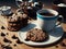 AI generated yummy chocolate cookies and toffees served alongwith a cup of hot coffee
