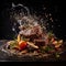AI Generates Image of Delicious Fresh Juicy medium Beef Rib Eye steak slices in pan on wooden board