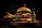 Ai Generative American cheese burger with Golden French fries on wooden background