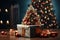 Ai Generative Background of christmas tree and red gift box on a christmas empty background with copy space