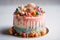 Ai Generative Birthday cake with multicolored candies on a white background