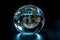 Ai Generative Bitcoin in a crystal ball on a black background. Bitcoin is reflected in a crystal ball. Cryptocurrency concept