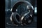 Ai Generative Black headphones on a dark background. Music concept. 3d rendering