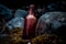Ai Generative A bottle of whisky on a rock in the forest