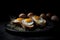 Ai Generative Breakfast with fried eggs on a black plate. Dark background