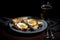 Ai Generative Breakfast with fried eggs on a black plate. Dark background