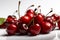 Ai Generative Cherries with water drops on a white background, close-up