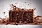 Ai Generative Chocolate bar with chocolate pieces falling and splashing on dark background
