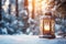 Ai generative. Christmas lantern on snow with fir branch on defocused forest with bokeh background