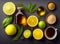 Ai Generative Citrusy Green Tea with Lemon Wedge, Lemon Essential Oil, and Herbal Leaves