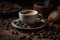 Ai Generative Coffee cup and roasted coffee beans on wooden table. Dark background. Vintage style