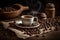 Ai Generative Coffee cup and roasted coffee beans on wooden table. Dark background. Vintage style