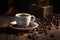 Ai Generative Coffee cup and roasted coffee beans on wooden table. Dark background. Vintage style