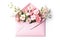 Ai generative. Composition with pink envelope and beautiful flowers on white