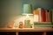 Ai generative. Cozy children\\\'s room in mint colors. Books on the shelf and a table lamp