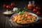 Ai Generative Creamy Penne Pasta in Spicy Tomato Sauce with Chicken, Diced Tomatoes, and Parmesan Cheese