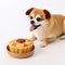 AI generative Cute dog with meat tart on a wooden tray