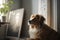 AI GENERATIVE, Cute golden retriever resting near couch, free copy space, sunlight sun flare. Domestic Pet