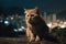 Ai Generative Cute little kitten with blue eyes looking at the city at night