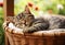 AI generative. Cute tabby kitten sleeping in a basket