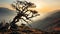 AI generative, Death tree at the moutain have a brance and less of leaf, backlit style, landscape background,