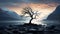 AI generative, Death tree at the moutain have a brance and less of leaf, backlit style, landscape background,