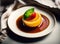 Ai Generative Decadent Caramel Pudding and Creamy Panna Cotta Desserts Served on an Orange Plate