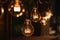 Ai Generative Decorative antique edison style filament light bulbs glowing in the dark