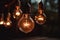 Ai Generative Decorative antique edison style filament light bulbs glowing in the dark