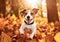 AI generative. Dog jack russell terrier runs in autumn leaves