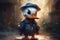 Ai Generative Duck with hat and jeans jacket, standing in the rain.