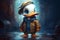 Ai Generative Duck with hat and jeans jacket, standing in the rain.