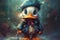 Ai Generative Duck with hat and jeans jacket, standing in the rain.