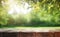 AI generative. Empty picnic table with defocused lush foliage background