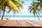 AI generative. Empty wooden table with blur beautiful tropical beach on background