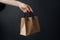 Ai Generative Female hand holding brown paper shopping bag on black background, closeup mockup for design