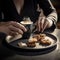 AI generative Female hands with cup of coffee and chocolate cookies on black table