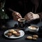 AI generative Female hands with cup of coffee and chocolate cookies on black table