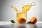 Ai Generative Fresh orange juice splashing out of a glass with orange slices on a white background