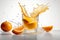 Ai Generative Fresh orange juice splashing out of a glass with orange slices on a white background